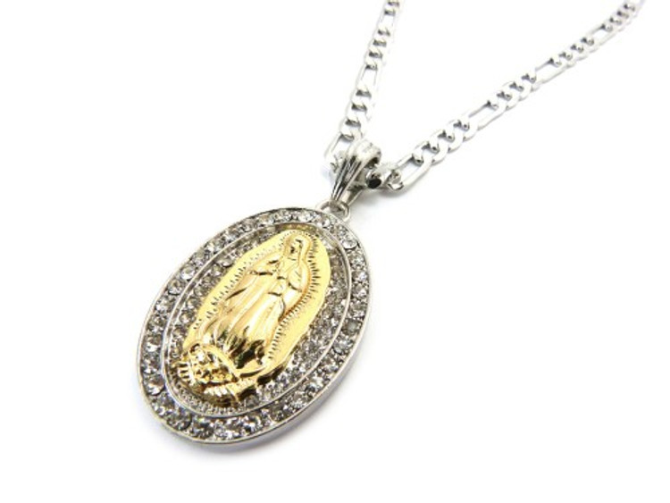 Two Tone Gold & Silver Cz Virgin Mary Pendant Chain