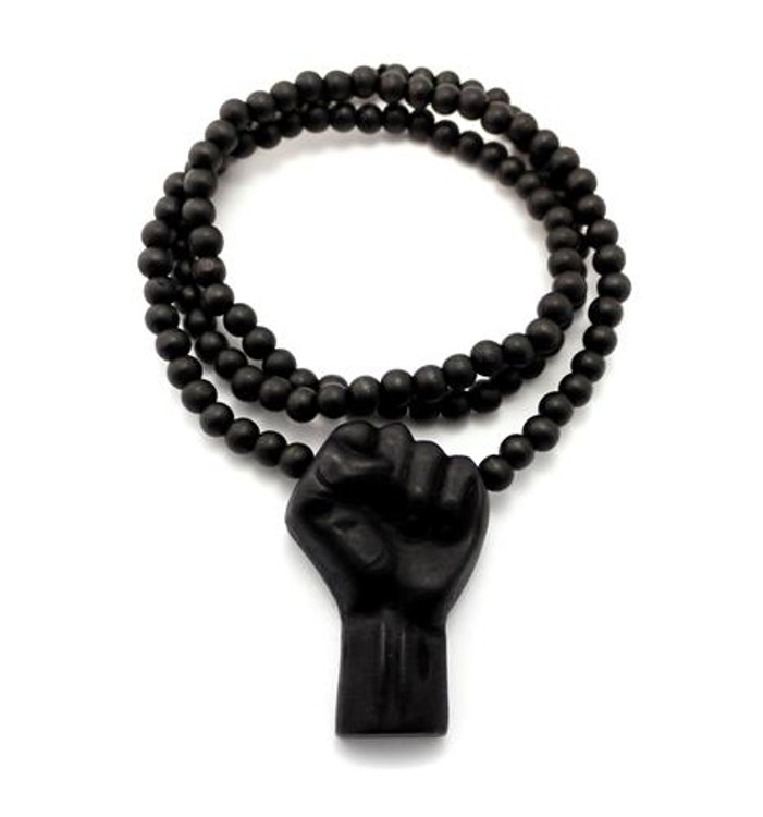 Black Power Fist Wooden Hip Hop Pendant 32" Beaded Chain