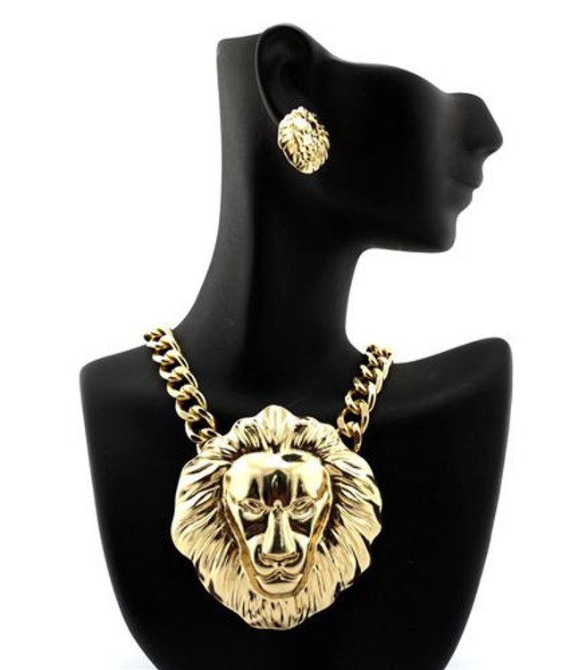 14k Gold Celebrity Inspired Gold Lion Head Pendant Earrings Set