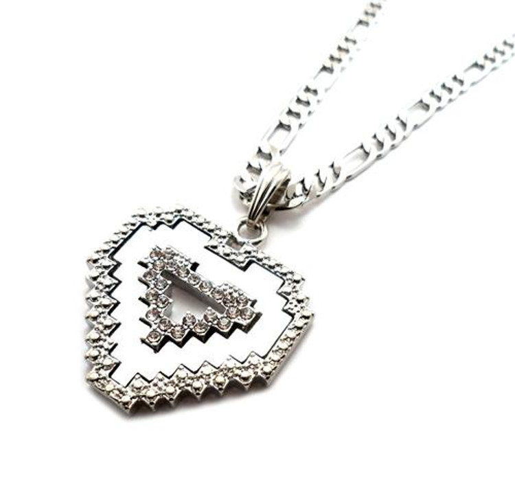 Diamond Cz Digital Heart Pendant Chain Necklace Silver