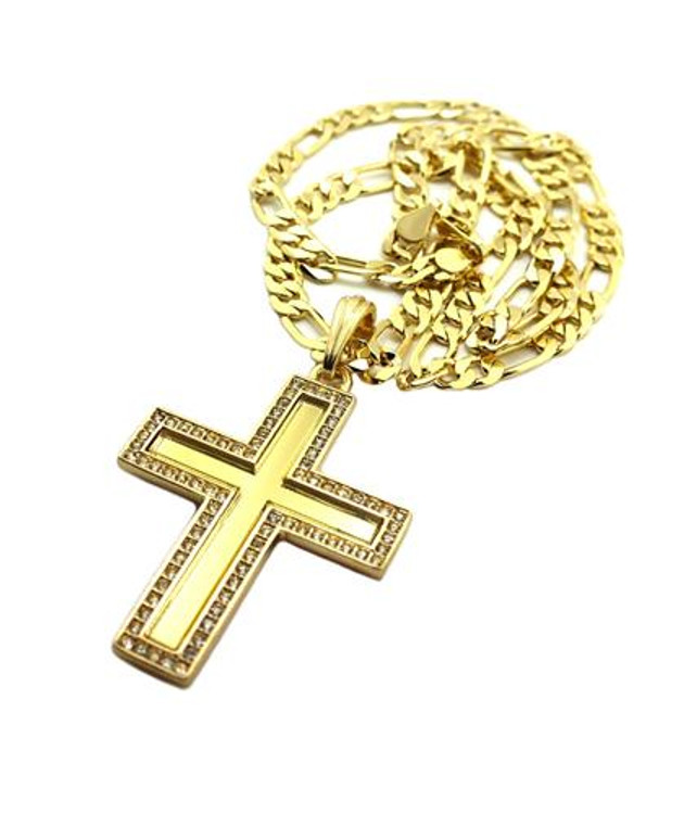 Deep Set Flat Cross Pendant w/ Figaro Link Chain Gold