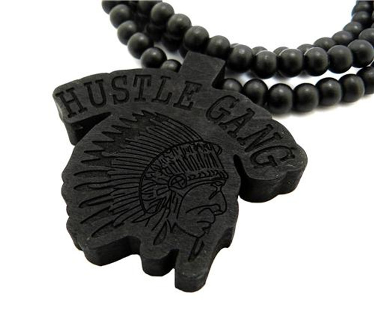 Black Wood Hustle Gang Wooden Hip Hop Pendant w/ Chain
