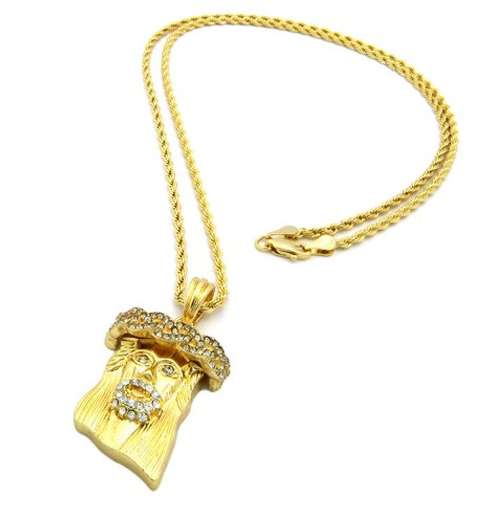 Micro JESUS Piece Iced Out Pendant w/ Rope Chain CZ Gold