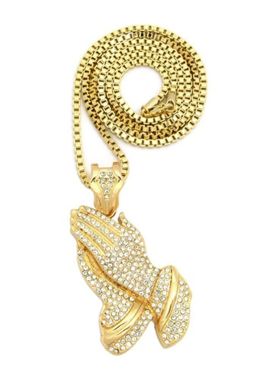 Iced Out Prayer Hands Pendant w/ Box Link Chain Gold