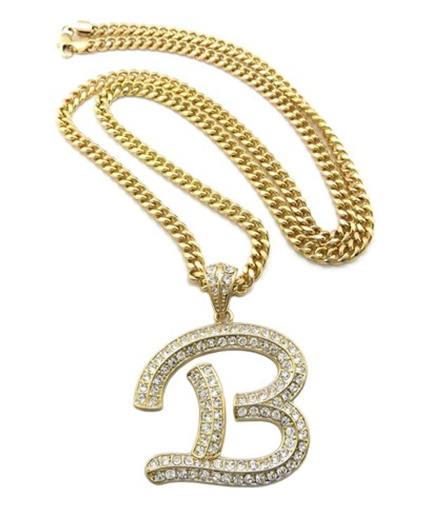 Iced Out Initial B Gold Pendant w/ Miami Cuban Link Chain