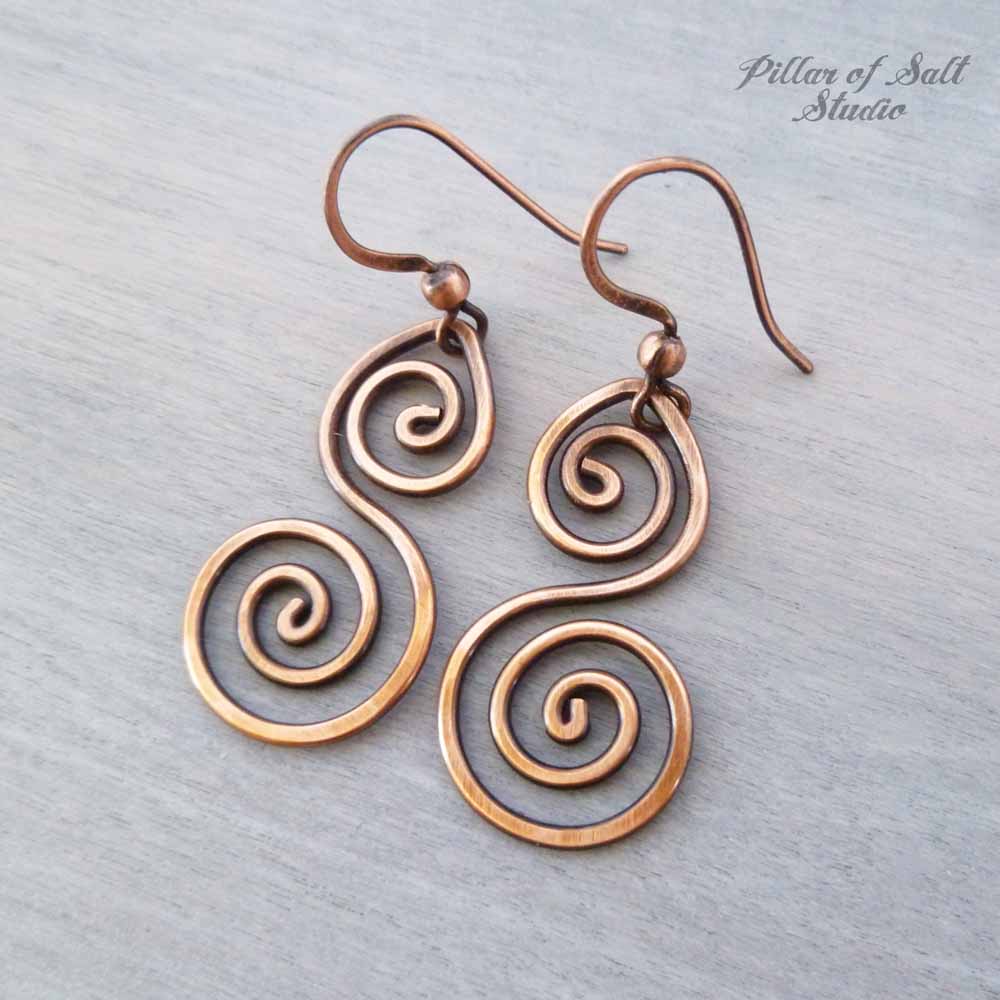 solid copper wire wrapped earrings handmade jewelry by Pillar of Salt Studio