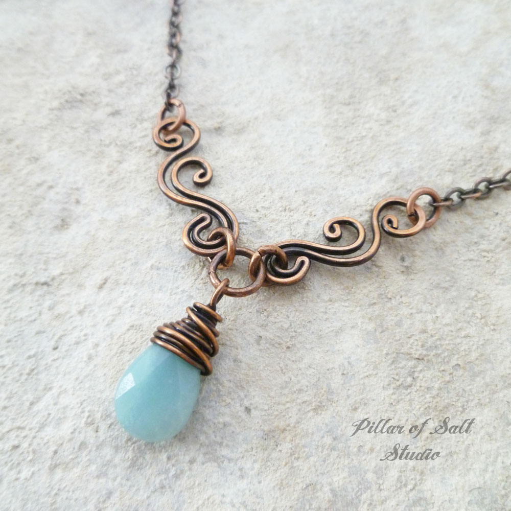 Amazonite gemstone teardrop wire wrapped necklace / Pillar of Salt Studio wire wrapped jewelry