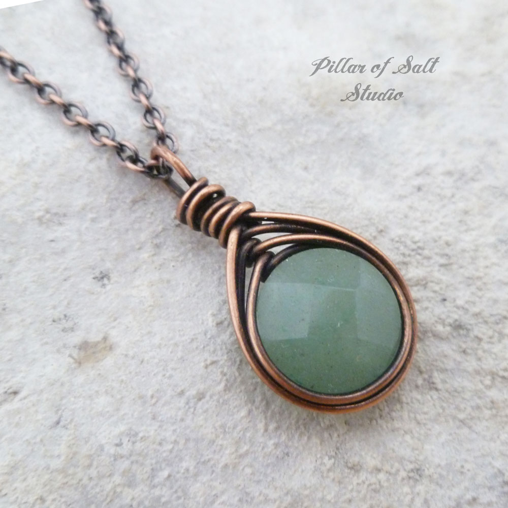 Green Aventurine herringbone wire wrapped pendant copper necklace
