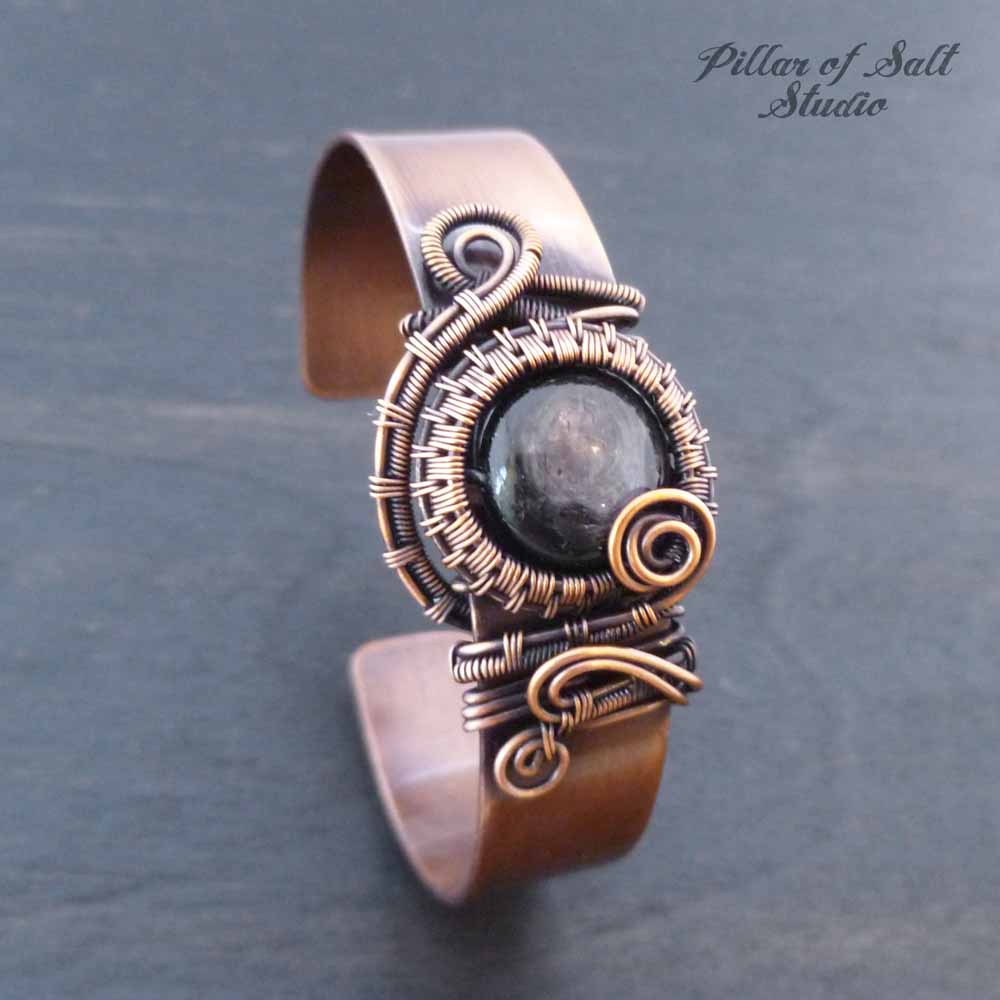 Hypersthene copper wire wrapped 1/2" cuff bracelet by Pillar of Salt Studio