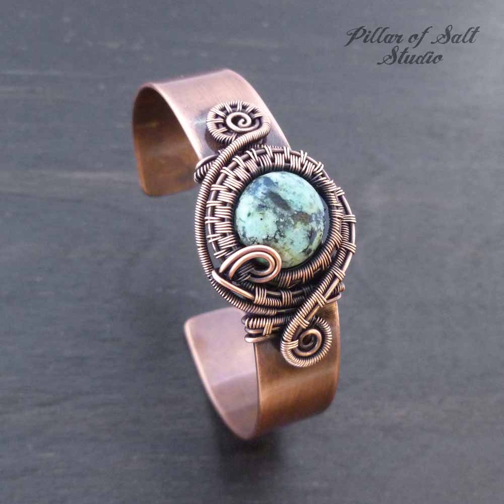 African Turquoise Jasper wire wrapped copper cuff bracelet by Pillar of Salt Studio
