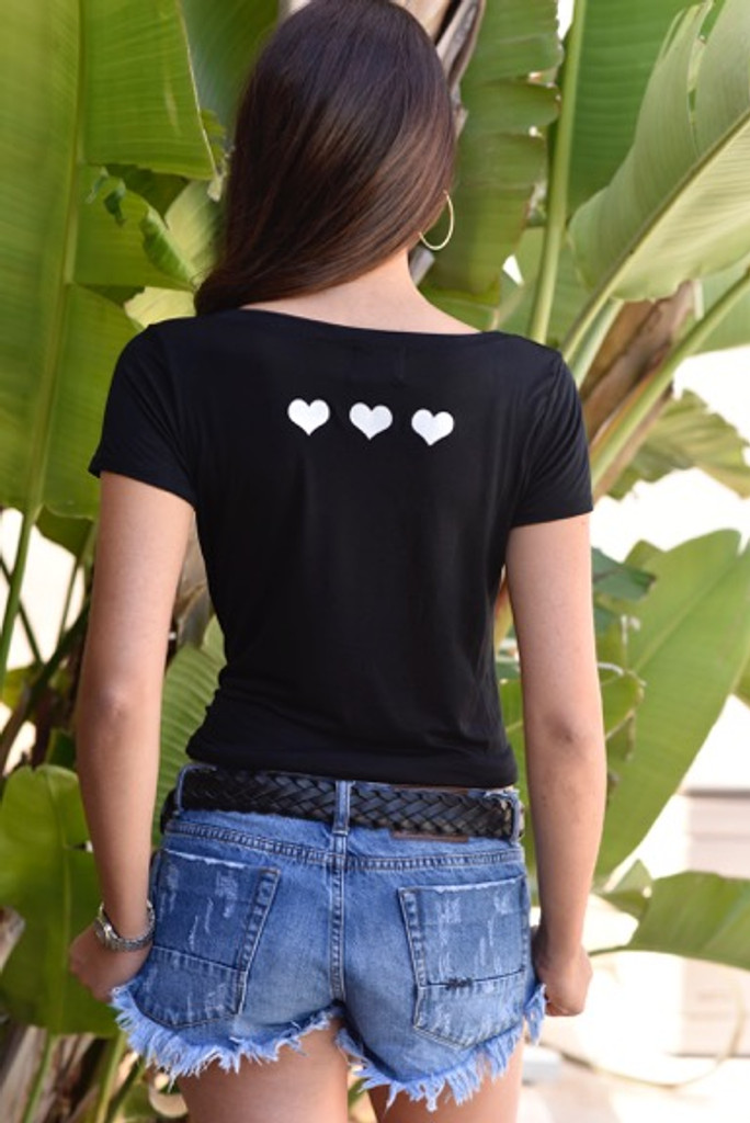 LOVE. S/S V NECK with 3 HEARTS on back.