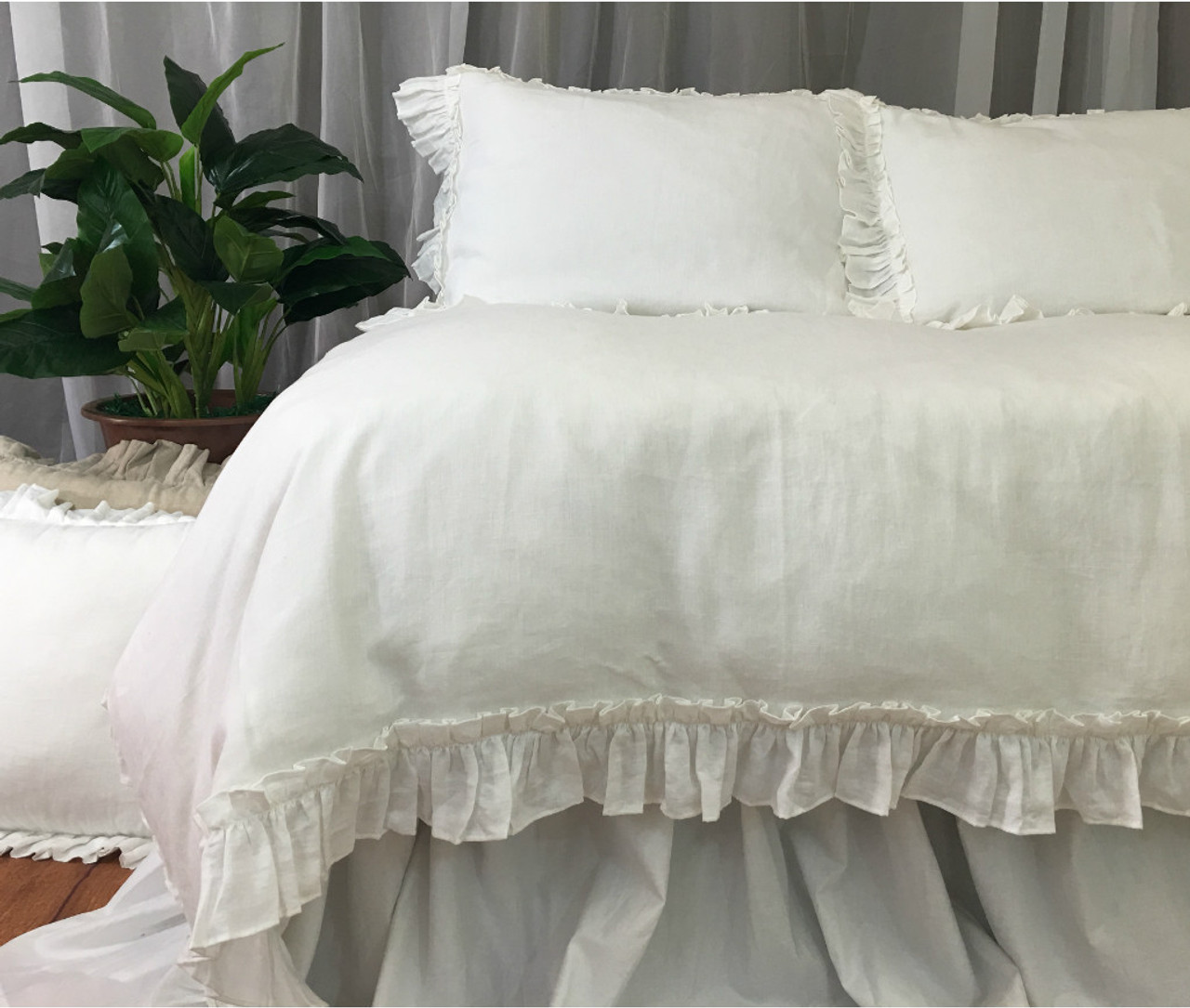 White Linen Vintage Ruffle Duvet Cover, Available in Twin, Full, Queen, King, Calif. King or