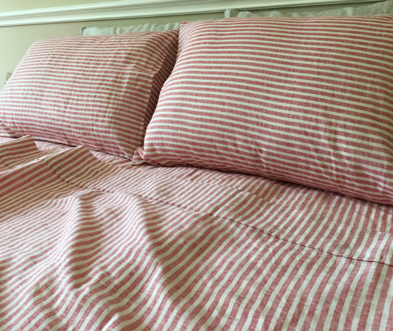 Red Ticking Stripe Sheets Set, 100 Linen Handcrafted by Superior