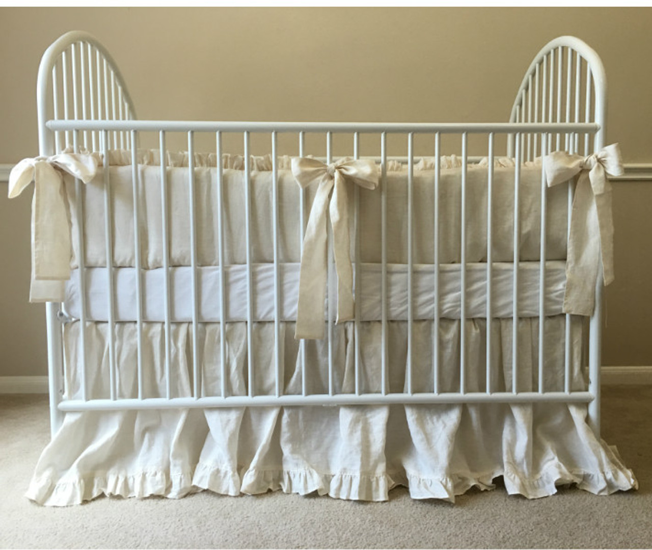 Cream Baby Bedding Set Ruffled Bumper, Sash Ties, Ruffled Crib Skirt Handcrafted by Superior