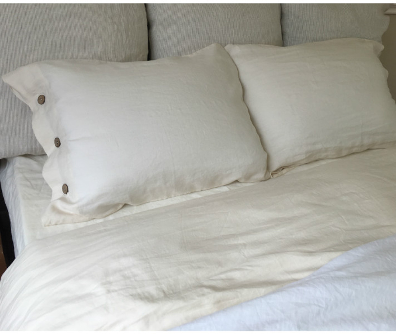 Cream Duvet Cover with Wooden Button Closure, Natural Linen, Custom