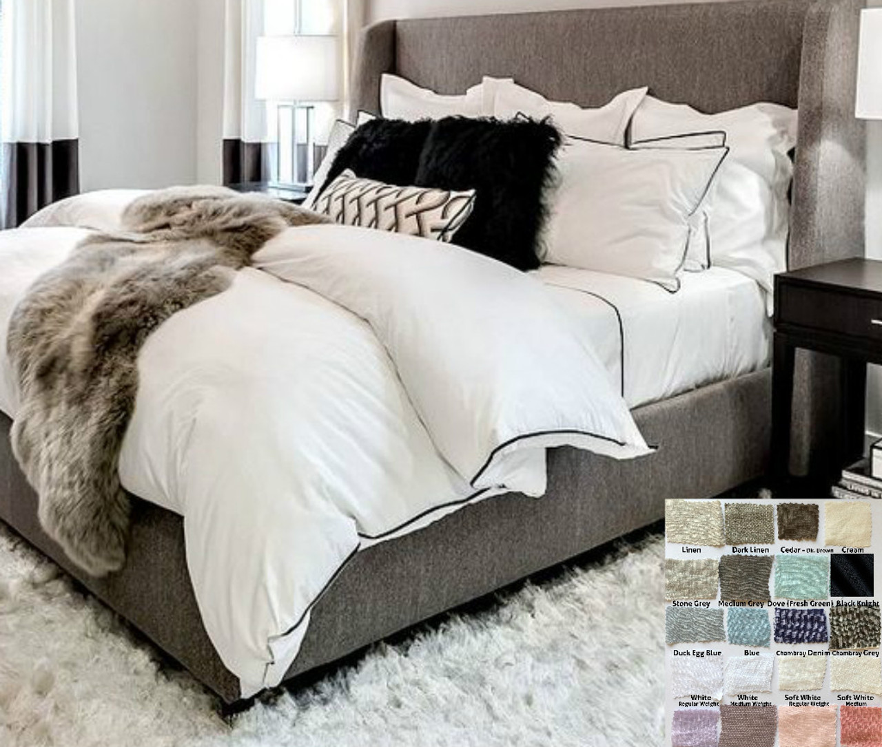 White linen duvet cover with piping, White, Gray, Blue, Pink, Stripe