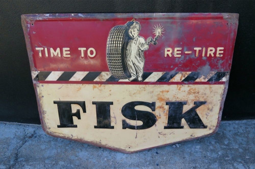 RARE / LARGE 1946 AMERICAN FISK TIRES GARAGE / DEALERS EMBOSSED SIGN.