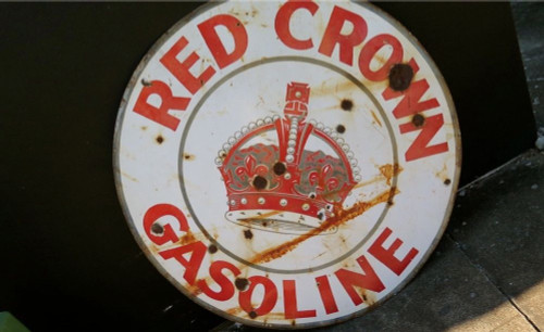 RARE VINTAGE RED CROWN USA GASOLINE VERY LARGE 106CMS ENAMEL ADVERTISING SIGN.