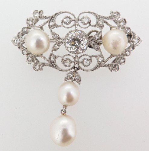 ANTIQUE PLATINUM 1.25CT G/H SI OLD CUT DIAMOND NATURAL PEARL BROOCH VAL $54000