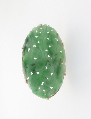 Carved Jadeite Handmade 14ct Yellow Gold Ladies Dress Ring Size O Val $2900