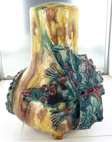 SUPER RARE / HUGE / ATTRIBUTED TO HARVEY SCHOOL POTTERY “DRAGON WARE” LAMP BASE.