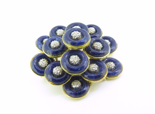 18K Yellow Gold Lapis Lazuli & Diamond Cluster Brooch Italian made Val $7420