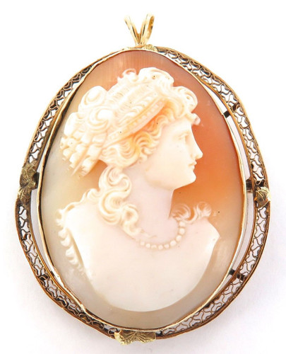 ANTIQUE 14K GOLD / LARGE HEAVY SET 17 GRAMS CAMEO BROOCH PENDANT.