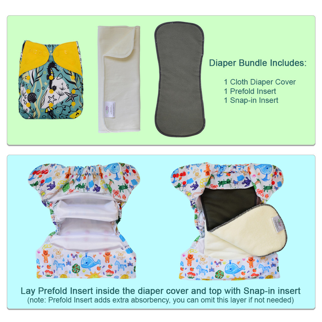 Diaper Cover with Bamboo Prefold and Snap-in Insert for Overnight
