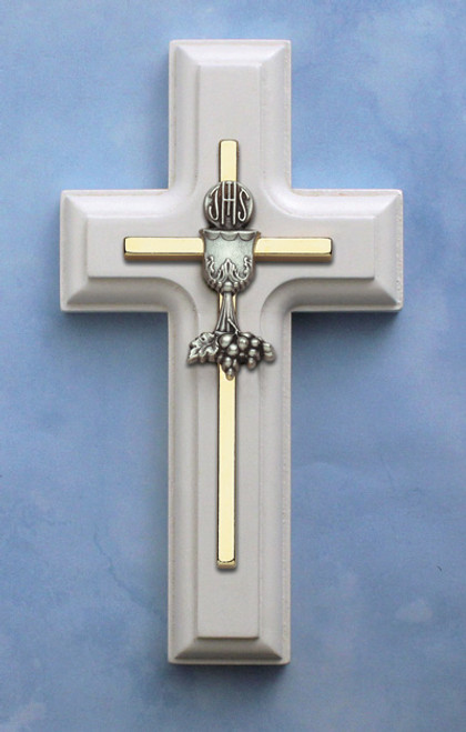 5" White Wooden Gold Chalice Cross 5" White Wooden Gold Chalice Cross