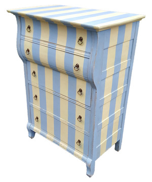 Antique dresser in pale blue and butter cream stripes with 5 drawers and ring pulls.