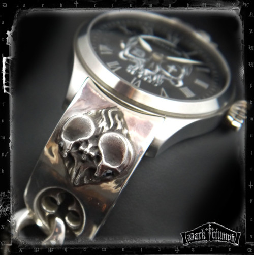 Vintage Hamilton Watch on Black Diamond Double Skull Heart Bracelet in Sterling Silver | DEAD RINGER Vintage Hamilton Watch on Black Diamond Double Skull Heart Bracelet in Sterling Silver | DEAD RINGER