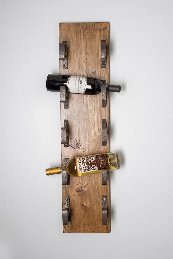 wall mount reclaimed wood wine rack with authentic vintage industrial age metal hooks repurposed