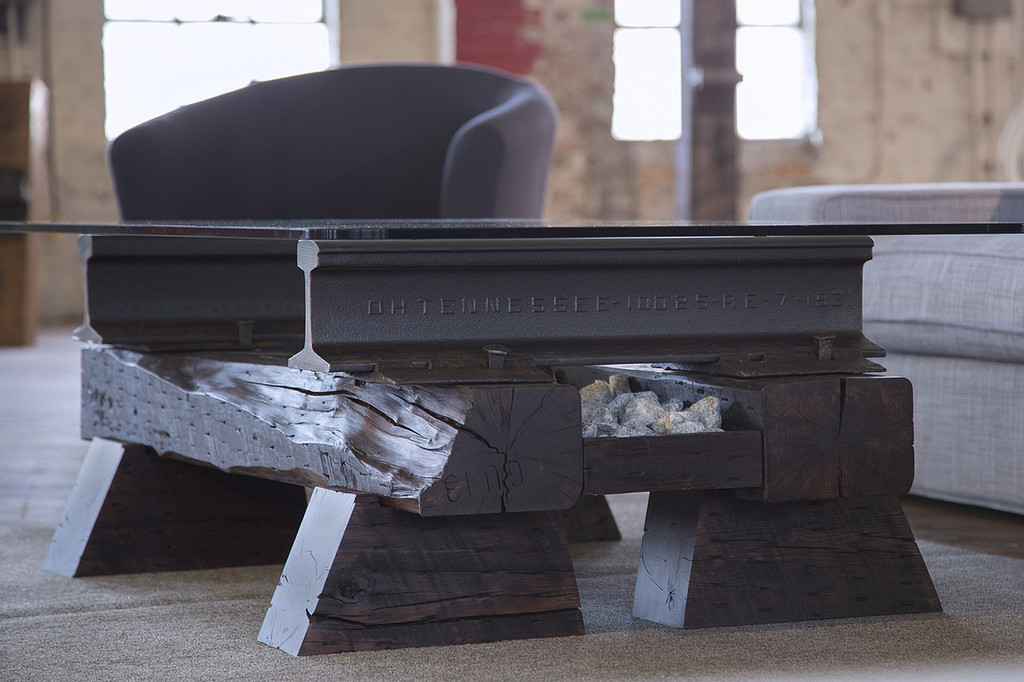 heavily charactered sofa table with distressed hardwood timber for office lobby, reception or waiting room area