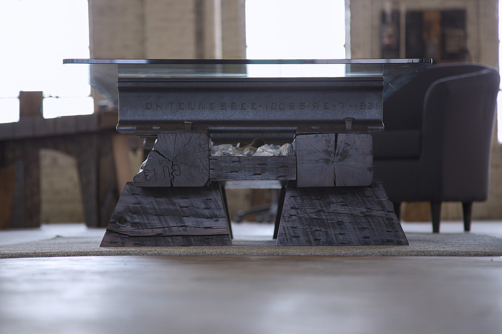 worn coffee table with salvaged steel and timber for home, den, living room, family room