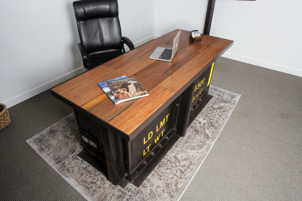 executive steel desk with mahogany wood desktop