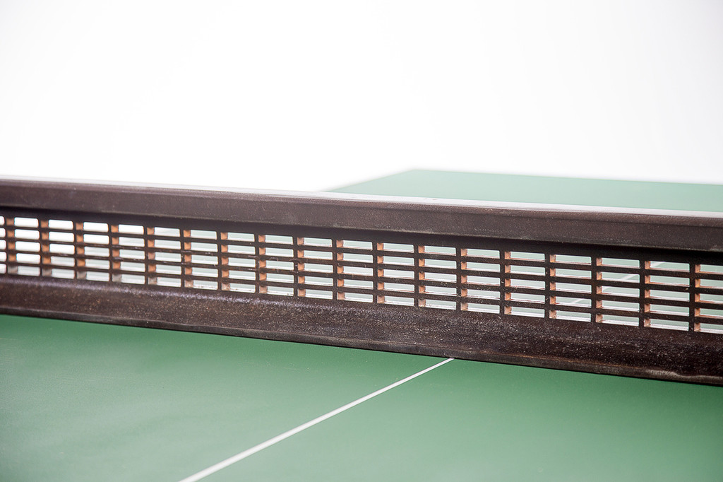 Metal ping pong net on durable high-end table tennis table custom crafted from reclaimed industrial materials