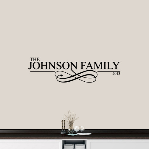 Custom Family Name With Scroll Wall Decal 48" wide x 13" tall Sample Image