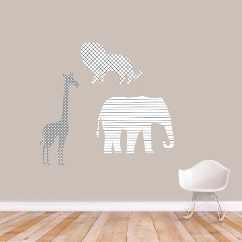 Giraffe Elephant Lion White Gray Printed Pattern Wall Decals Medium Sample Image