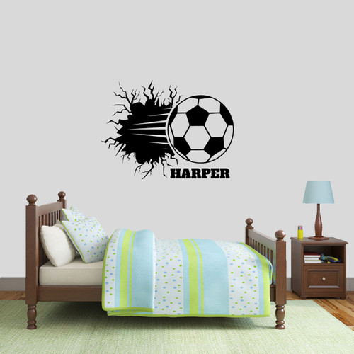 Custom Soccer Ball Breaking Through Wall Wall Decal 36" wide x 27" tall Sample Image