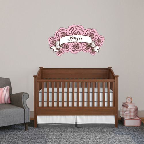 Custom Name Pink Roses Printed Wall Decal 36" wide x 20" tall Sample Image
