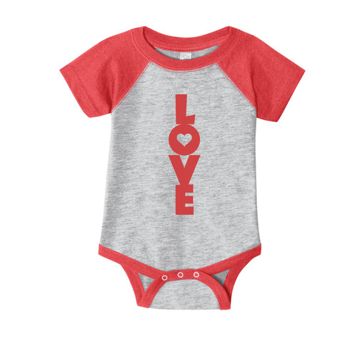 Baseball Raglan style onesie with vintage heather grey body and red sleeves. Red LOVE imprint down center.