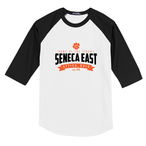 White/Black Seneca East Home Of The Tigers Adult Unisex 3/4 Length Sleeve Raglan T-Shirt