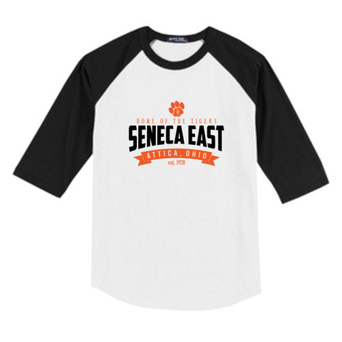 White / Black Seneca East Home Of The Tigers Youth Unisex 3/4 Length Sleeve Raglan T-Shirt
