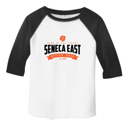White / Black Seneca East Home Of The Tigers Toddler Unisex 3/4 Length Sleeve Raglan T-Shirt