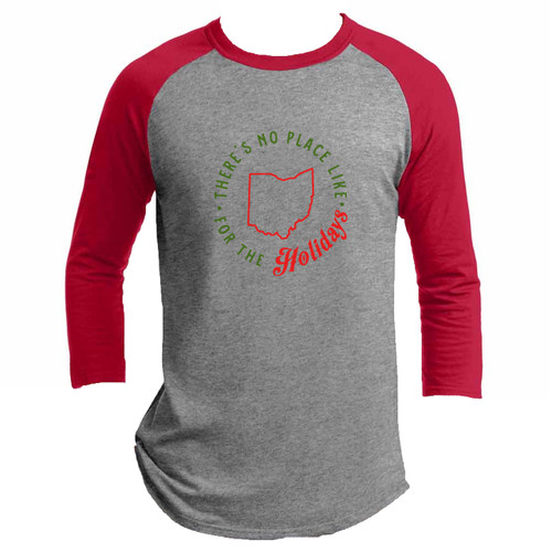 Heather Gray / Red There's No Place Like Ohio Holiday Youth 3/4 Length Sleeve Raglan T-Shirt