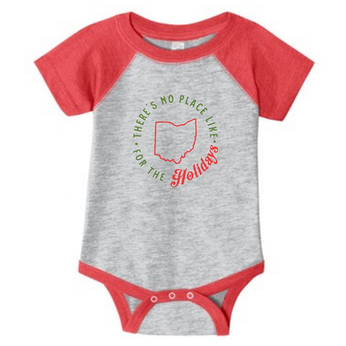 Heather Gray / Red There's No Place Like Ohio Holiday Infant Onesie Raglan T-Shirt Heather Gray / Red