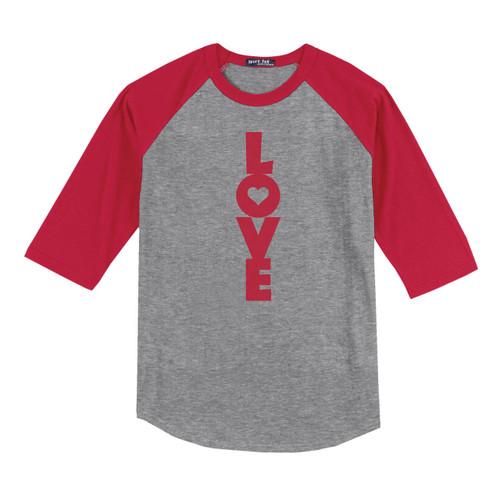 Love Youth 3/4 Length Sleeve Raglan T-Shirt, red sleeves with grey body