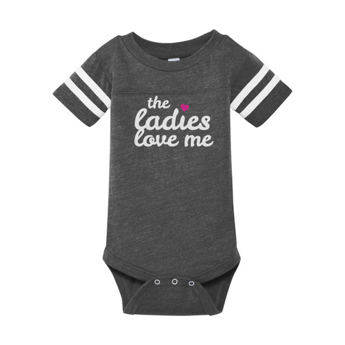 The Ladies Love Me infant onesie in heather grey with contrasting white on sleeves.