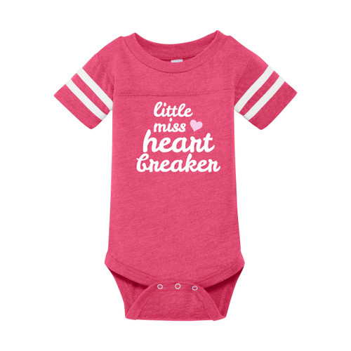 Little Miss Heartbreaker infant onesie in hot pink with contrasting white on sleeves.