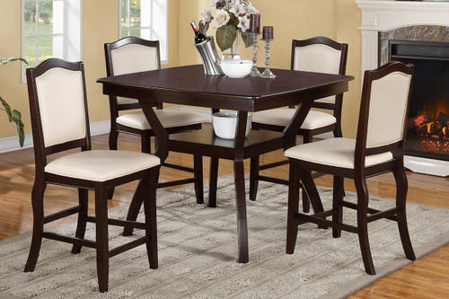 DARK BROWN WOOD VENEER FAUX LEATHER 5 PCS COUNTER HEIGHT DINING ROOM SET
